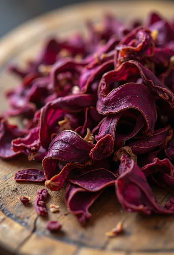 Szárított hibiszkusz szirmok tálban, fakanállal, konyhai felületen szétszórva