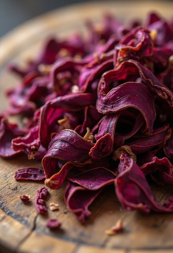 Szárított hibiszkusz szirmok tálban, fakanállal, konyhai felületen szétszórva