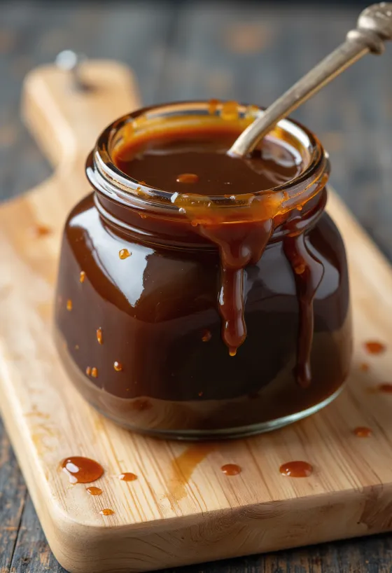 Sötét hoisin szósz kerámiatálban, körülötte fermentált szójabab, ötfűszerkeverék, fokhagyma, ecet, szezámolaj és cukor