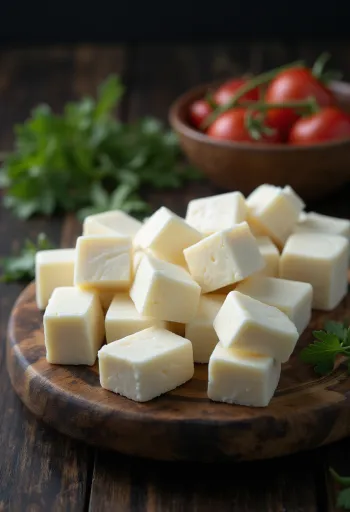 Friss indiai paneer sajt egy fehér kerámia tálban, fa asztalon