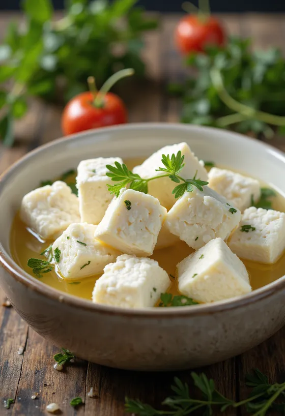 Friss feta sajt juhtejből fehér kerámia tálban, rusztikus fa asztalon