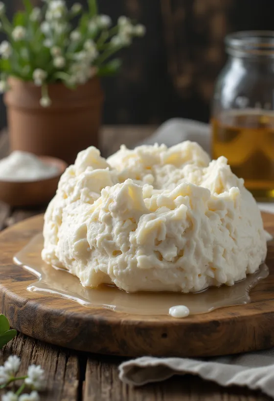 Friss juhtej gomolya sajt szeletelve fából készült vágódeszkán