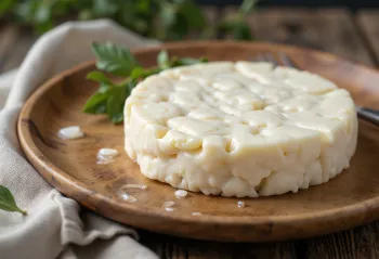 Friss juhtej gomolya sajt szeletelve fából készült vágódeszkán
