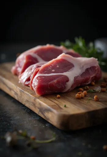 Friss kacsahús darabok fűszerekkel egy rusztikus fa felületen