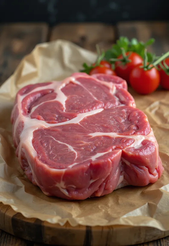 Friss kecskehús darabok fűszerekkel, fokhagymával és chilivel