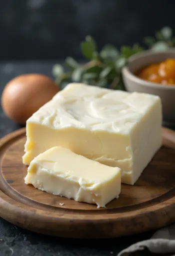 Kecskevaj kis kerámiatálban, krémes állagú, rusztikus fa felületen