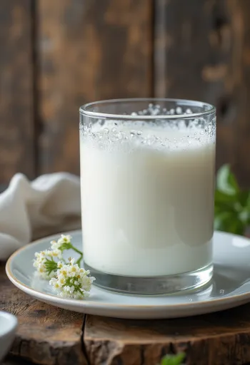 Fehér, krémes kefir egy tálban, rusztikus faasztalon