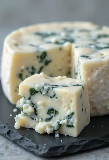 Szeletelt és morzsolt kéksajt fa vágódeszkán, konyhai környezetben