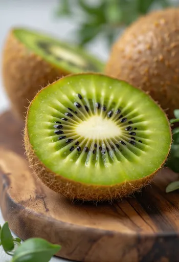 Friss kivi szeletelve és egészben, tálban és asztalon, pohár kivilével