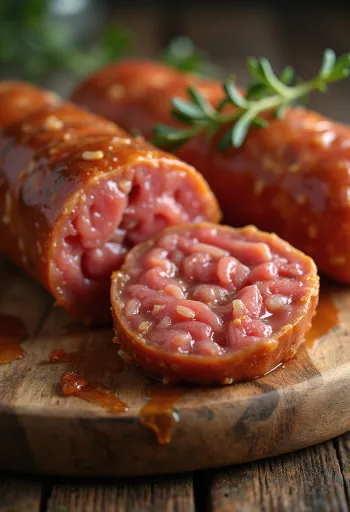 Szeletelt száraz kolbász fa vágódeszkán, fűszeres, zsíros márványozottsággal