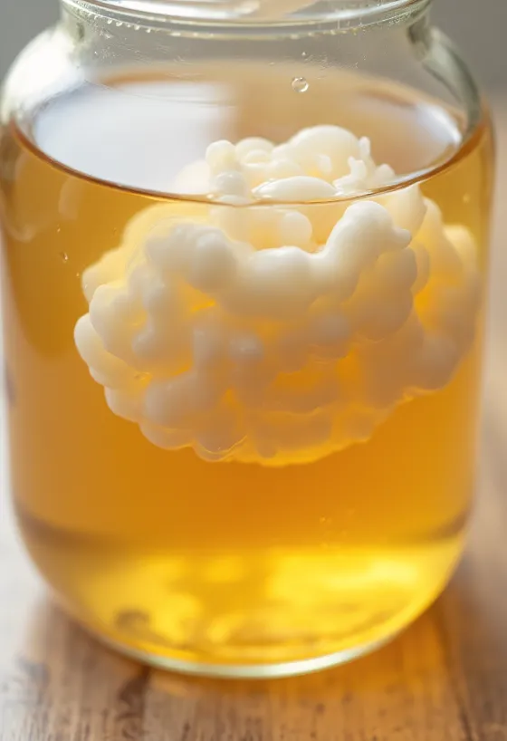 Kombucha alap összetevők: SCOBY, fekete tea, cukor és fermentáló üveg egy fa felületen