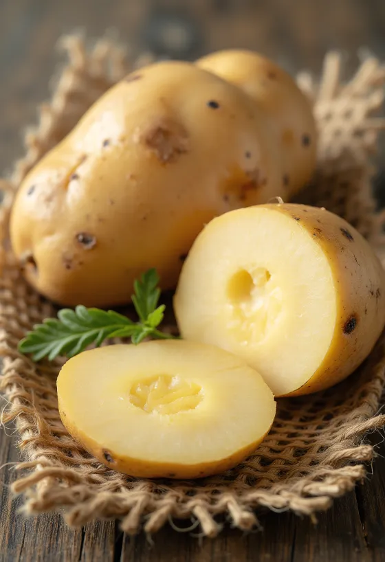 Friss krumplik egy fából készült asztalon, félbevágva is