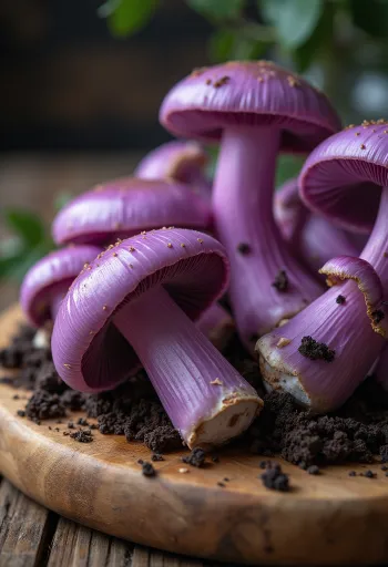 Szeletelt és tisztított lila pereszke gombák konyhai deszkán
