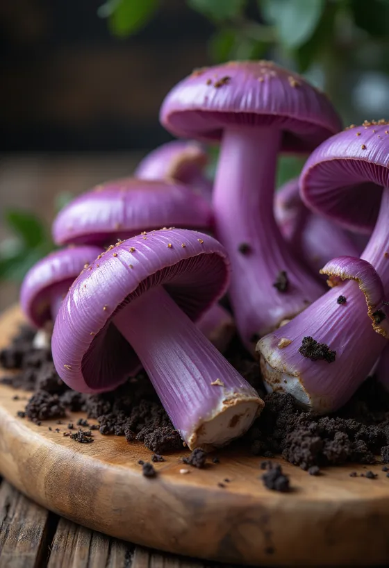 Szeletelt és tisztított lila pereszke gombák konyhai deszkán