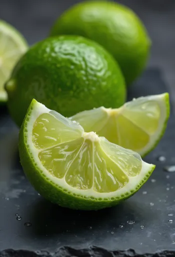 Friss lime egészben és félbevágva tálban és rusztikus fa asztalon, lime vízzel
