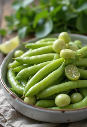 Friss lóbab hüvelyek és kifejtett bab szemek rusztikus felületen