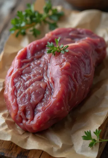Szeletelt nyers marhamáj egy fa vágódeszkán, sötétvörös színű filék formájában