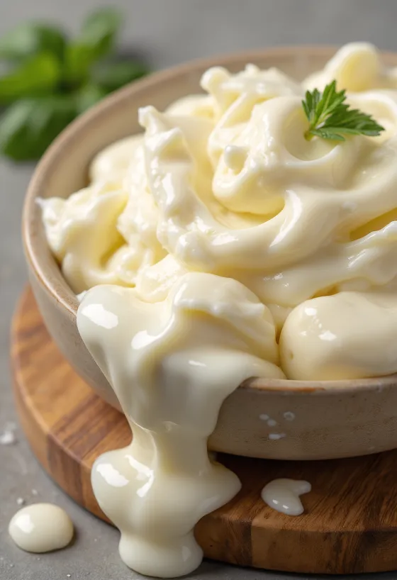 Selymes mascarpone krémsajt kerámia tálban, kanállal