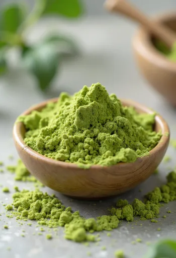 Matcha por kerámia tálban bambusz habverő és kanál mellett