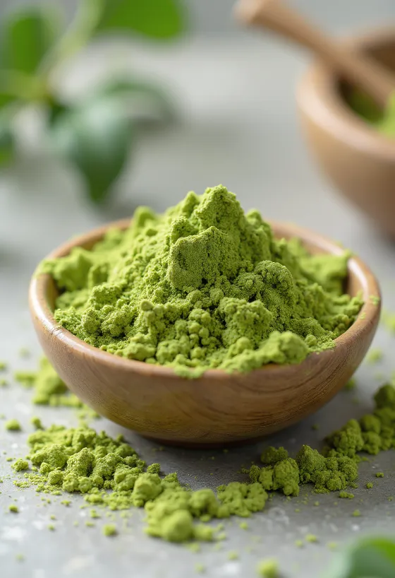 Matcha por kerámia tálban bambusz habverő és kanál mellett