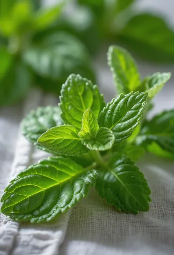 Aprított menta levelek egy kerámia tálban, friss mentalevelekkel körülvéve