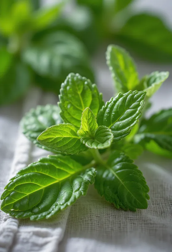 Aprított menta levelek egy kerámia tálban, friss mentalevelekkel körülvéve