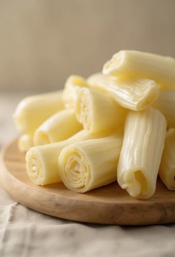 Szeletelt bambuszrügyek a vágódeszkán, friss zöldségekkel körülvéve
