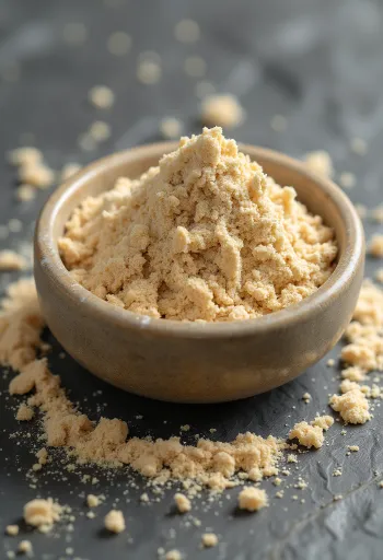 Baobab por kis üvegben, földes barna színben, körülötte friss baobab gyümölcsök