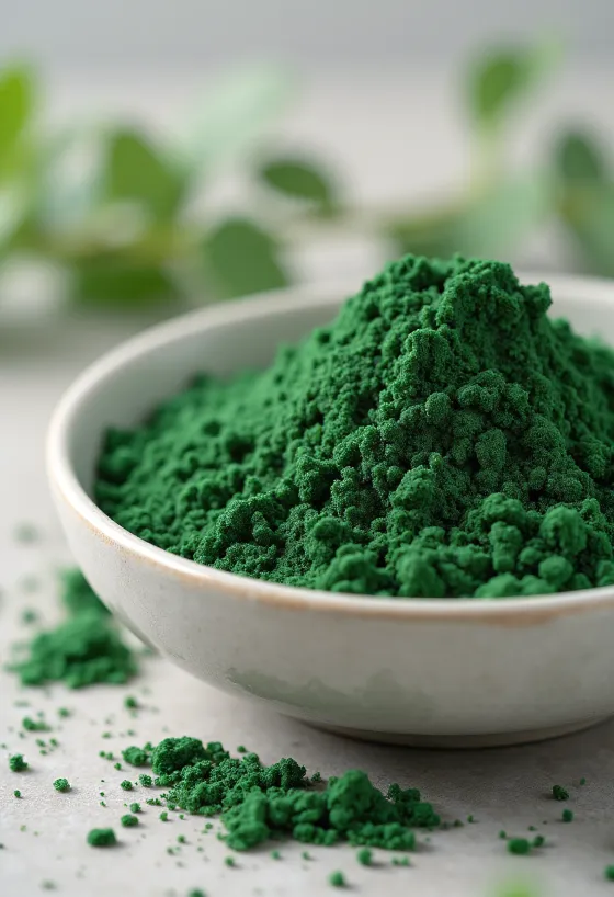 Chlorella por kis üvegben, gazdag zöld színben, körülötte chlorella tabletták
