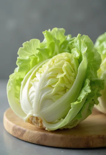 Friss cukorsüveg saláta, világos zöld levelekkel vágódeszkán