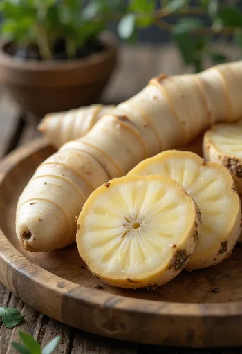 Friss galanga gyökér (thai gyömbér) egy fából készült konyhai pulton.
