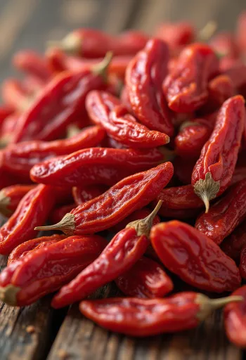 Goji bogyók kis üvegben, gazdag piros színben, körülötte szárított goji bogyók