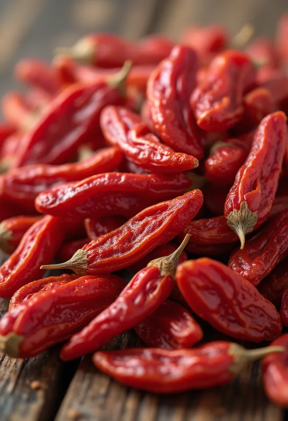 Goji bogyók kis üvegben, gazdag piros színben, körülötte szárított goji bogyók