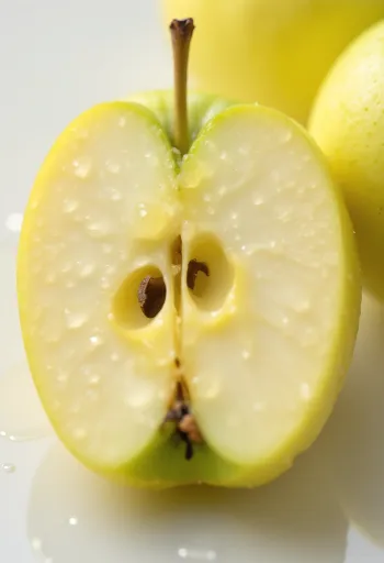 Friss Golden Delicious almák és szeletek egy vágódeszkán
