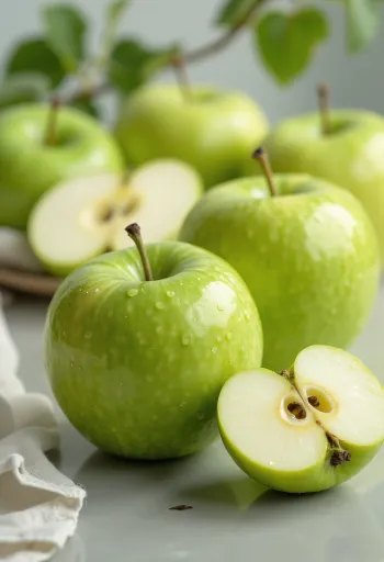 Friss Granny Smith almák és szeletek egy vágódeszkán