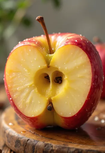 Friss Honeycrisp almák és szeletek egy vágódeszkán