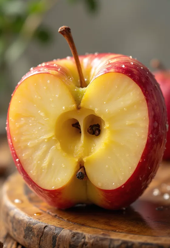 Friss Honeycrisp almák és szeletek egy vágódeszkán