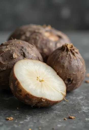 Szeletelt jamgyökér (yam root) a vágódeszkán, friss gyökérzöldségekkel körülvéve