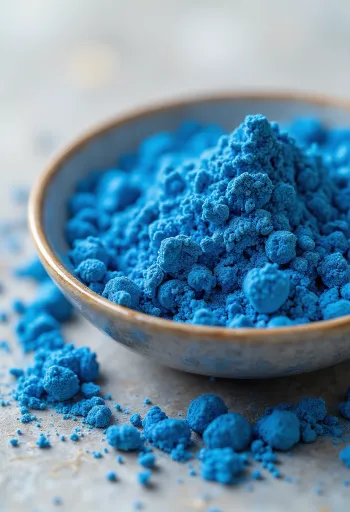 Kék spirulina por kis üvegben, élénk kék színben, körülötte spirulina algák