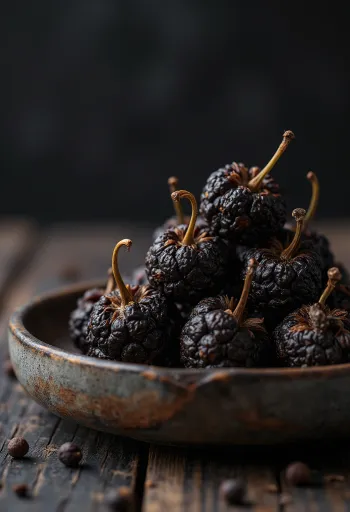 Kubebabors (Piper cubeba) szemek egy fából készült konyhai pulton.