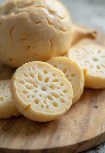 Szeletelt lótuszgyökér a vágódeszkán, friss zöldségekkel körülvéve