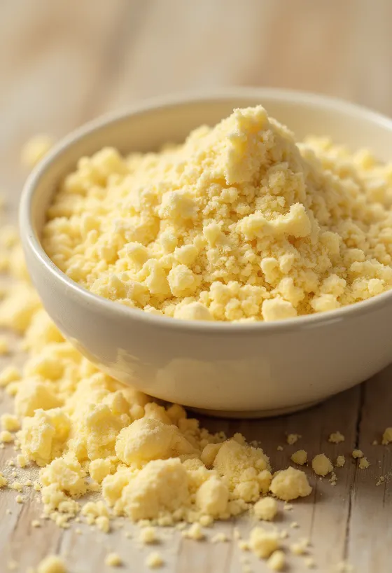 Lucuma por kis üvegben, gazdag sárga színben, körülötte friss lucuma gyümölcsök