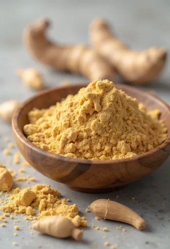 Maca por kis üvegben, földes barna színben, körülötte friss maca gyökerek