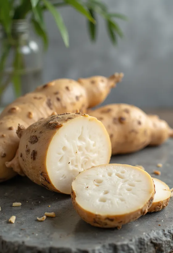 Szeletelt manióka (cassava) gyökerek, a vágódeszkán, friss zöldségekkel körülvéve