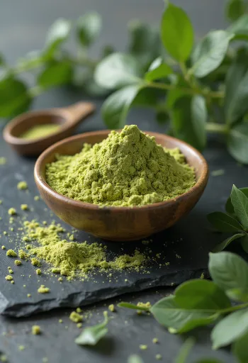 Moringa por kis üvegben, gazdag zöld színben, körülötte friss moringa levelek