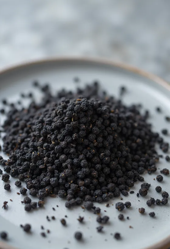 Szárított nigella magok (fekete kömény) egy fából készült konyhai pulton.