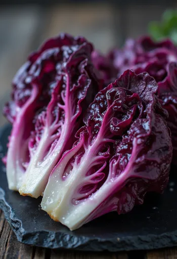 Friss radicchio, piros és fehér levelekkel vágódeszkán