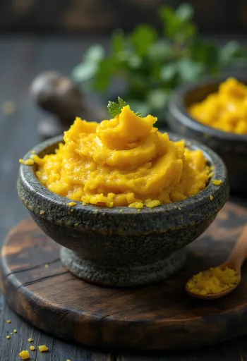 Sárga curry paszta kis üvegben, gazdag sárga színben, körülötte fűszerek, mint kurkuma, kömény és koriander