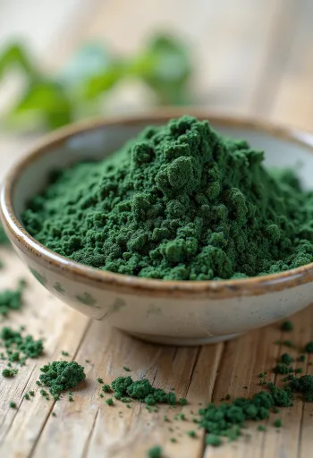 Spirulina por kis üvegben, gazdag zöld színben, körülötte spirulina tabletták