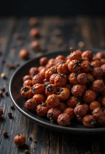 Szecsuáni bors (Zanthoxylum) szemek egy fából készült konyhai pulton.